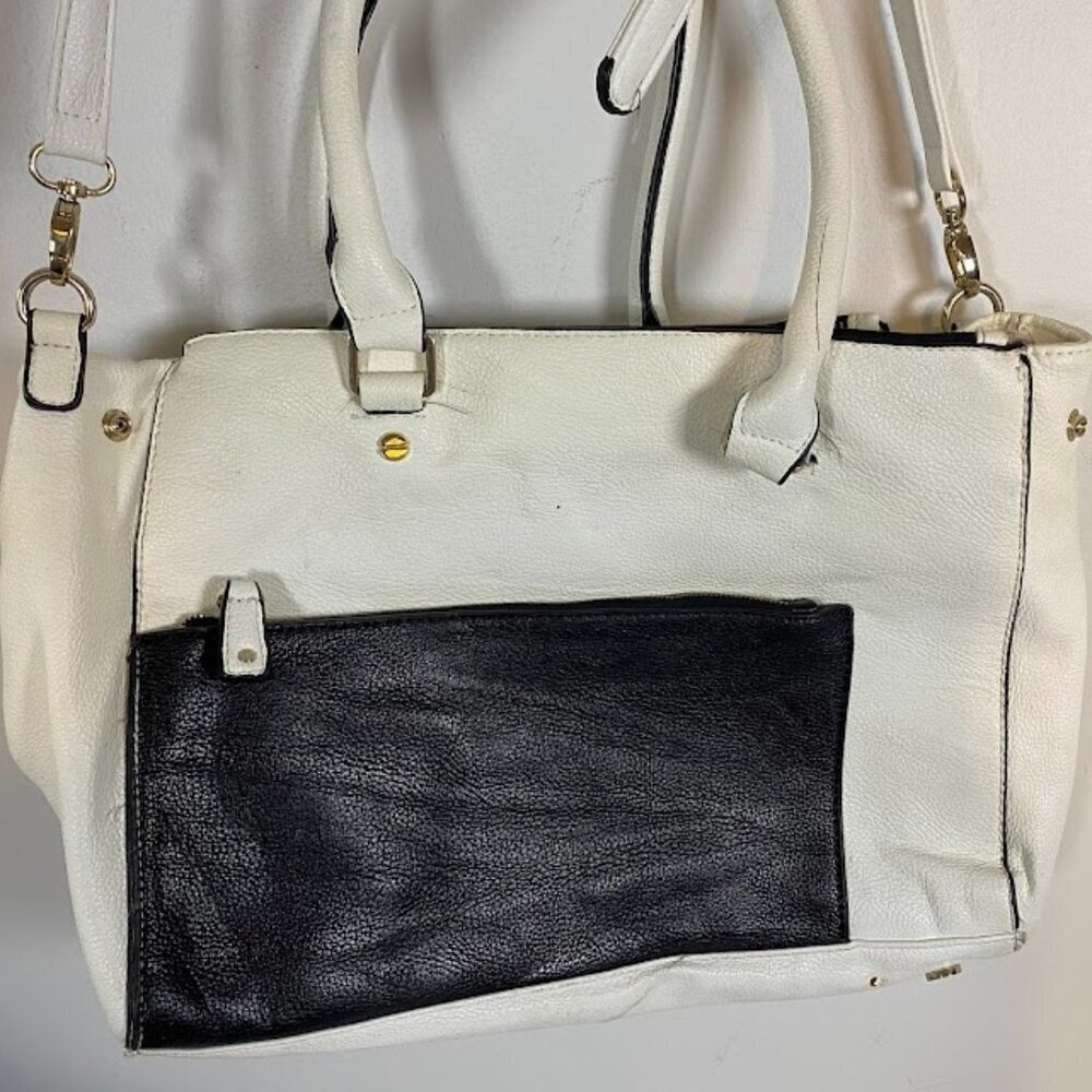 Two-Tone Women's White Black Leather Satchel Tote Bag Large - Picture 3 of 11
